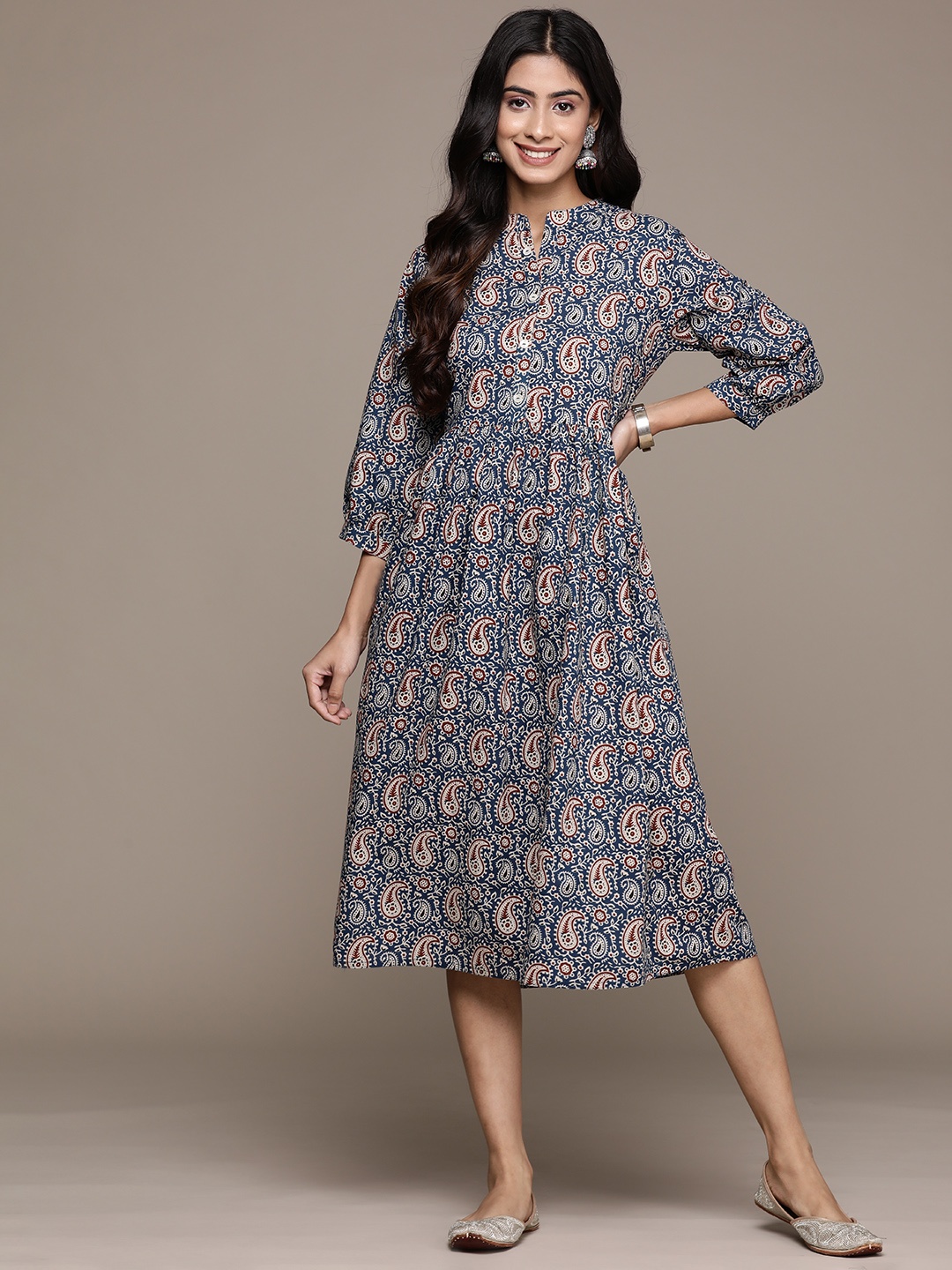 

Anubhutee Ethnic Motifs Print Cotton A-Line Midi Dress, Navy blue