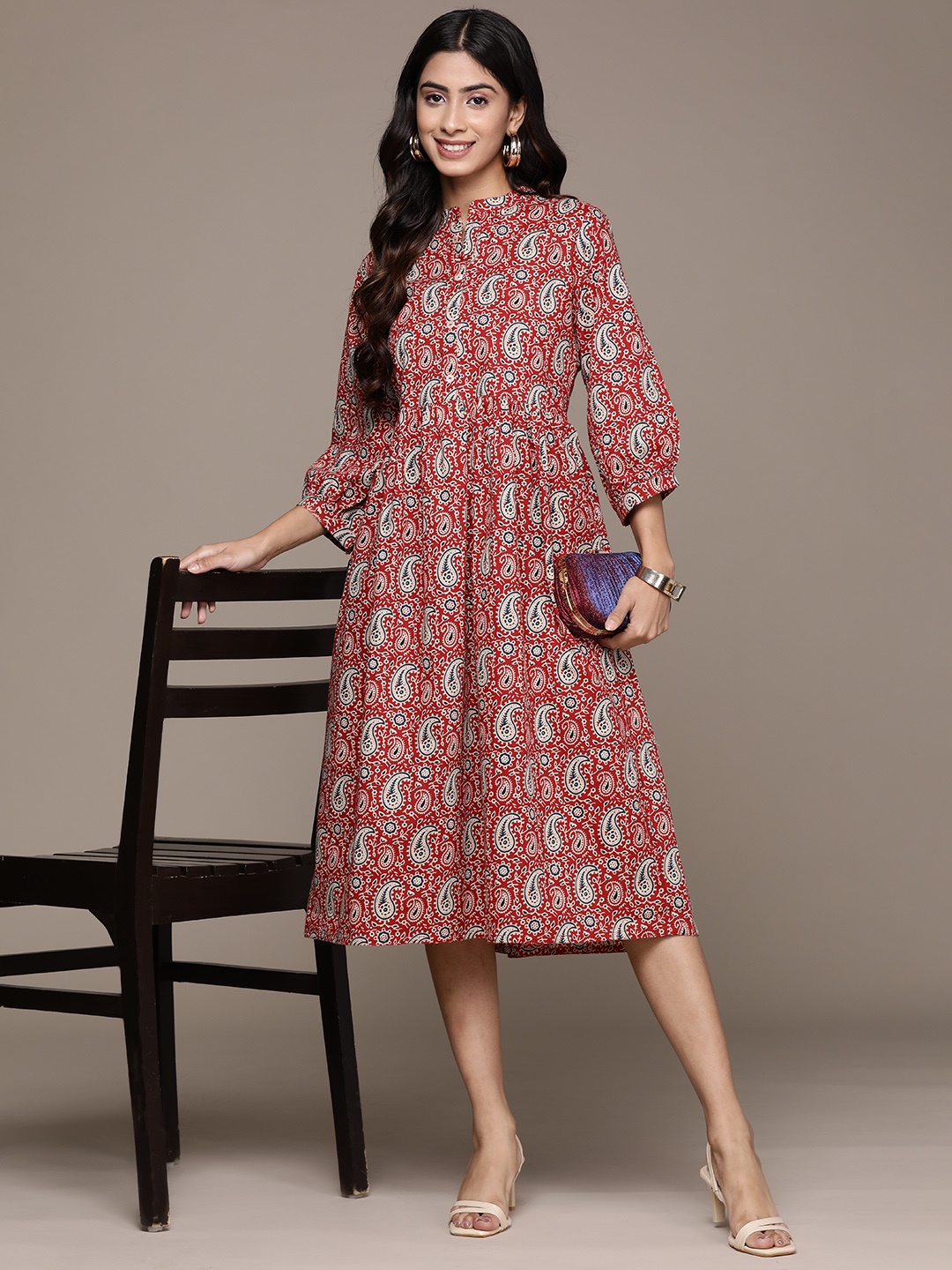 

Anubhutee Ethnic Motifs Print A-Line Cotton Midi Dress, Red