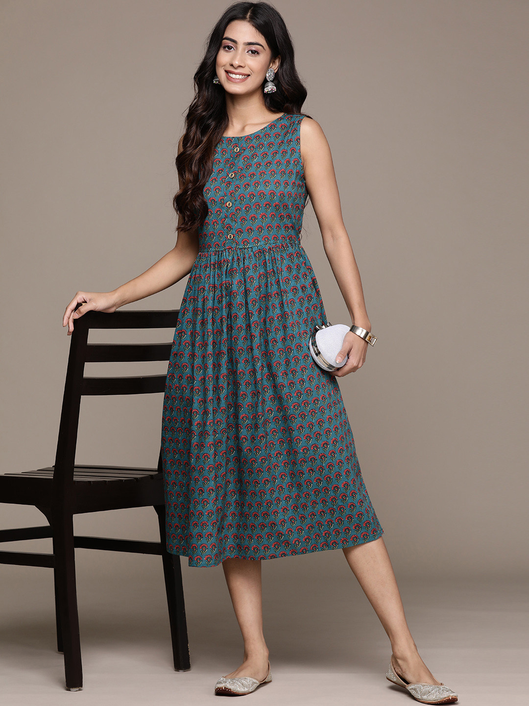 

Anubhutee Ethnic Motifs Print A-Line Midi Dress, Teal