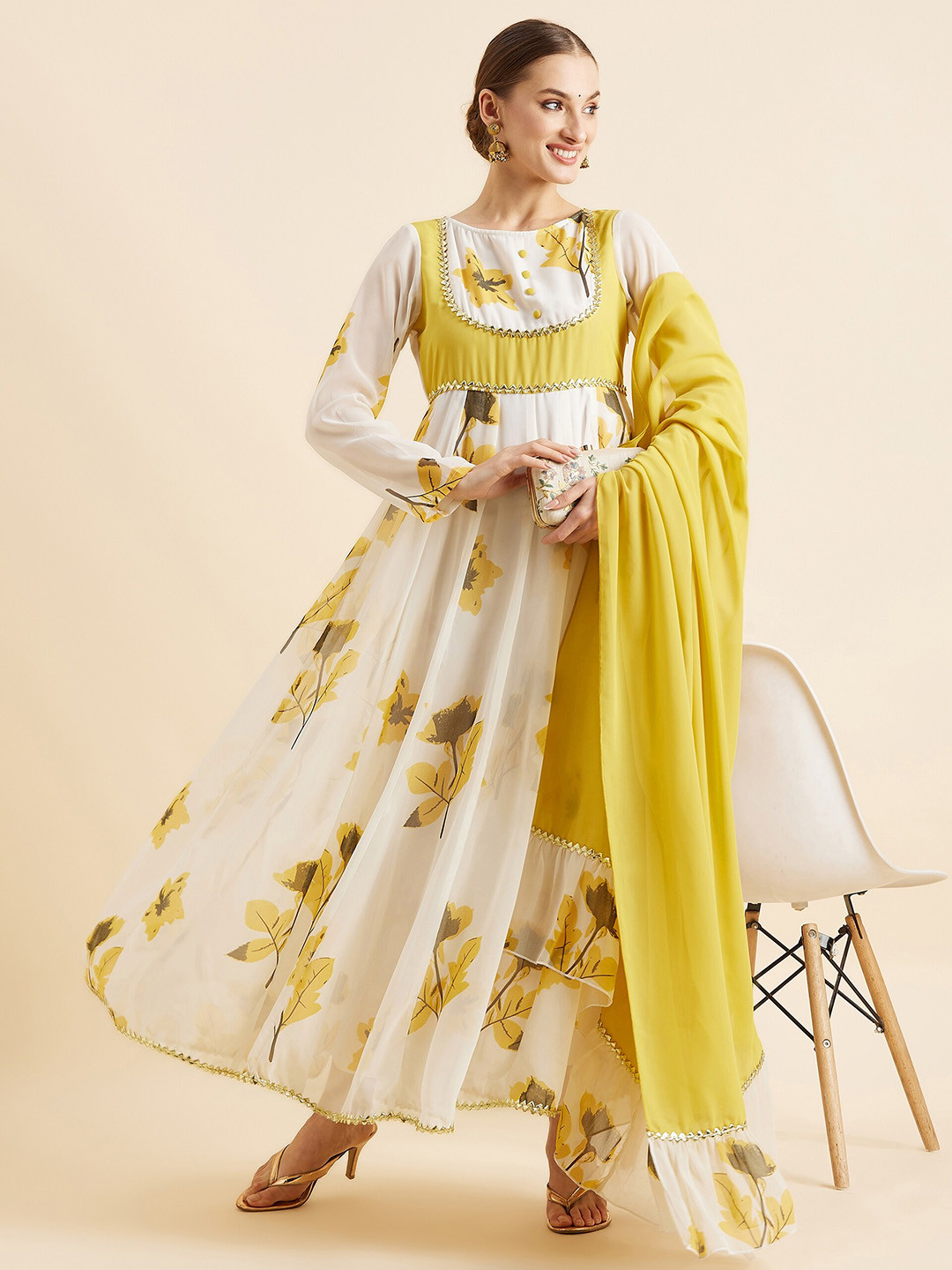 

PANIT White & Yellow Floral Printed Anarkali Maxi Dress With Dupatta
