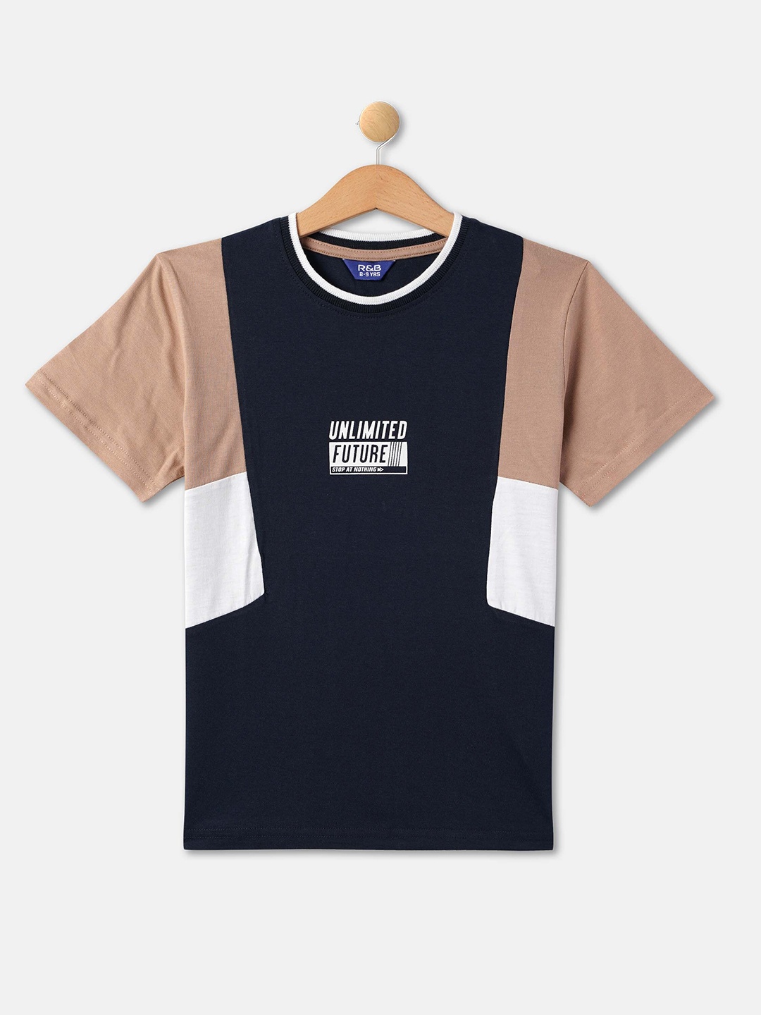 

R&B Boys Colourblocked Round Neck Cotton T-shirt, Navy blue