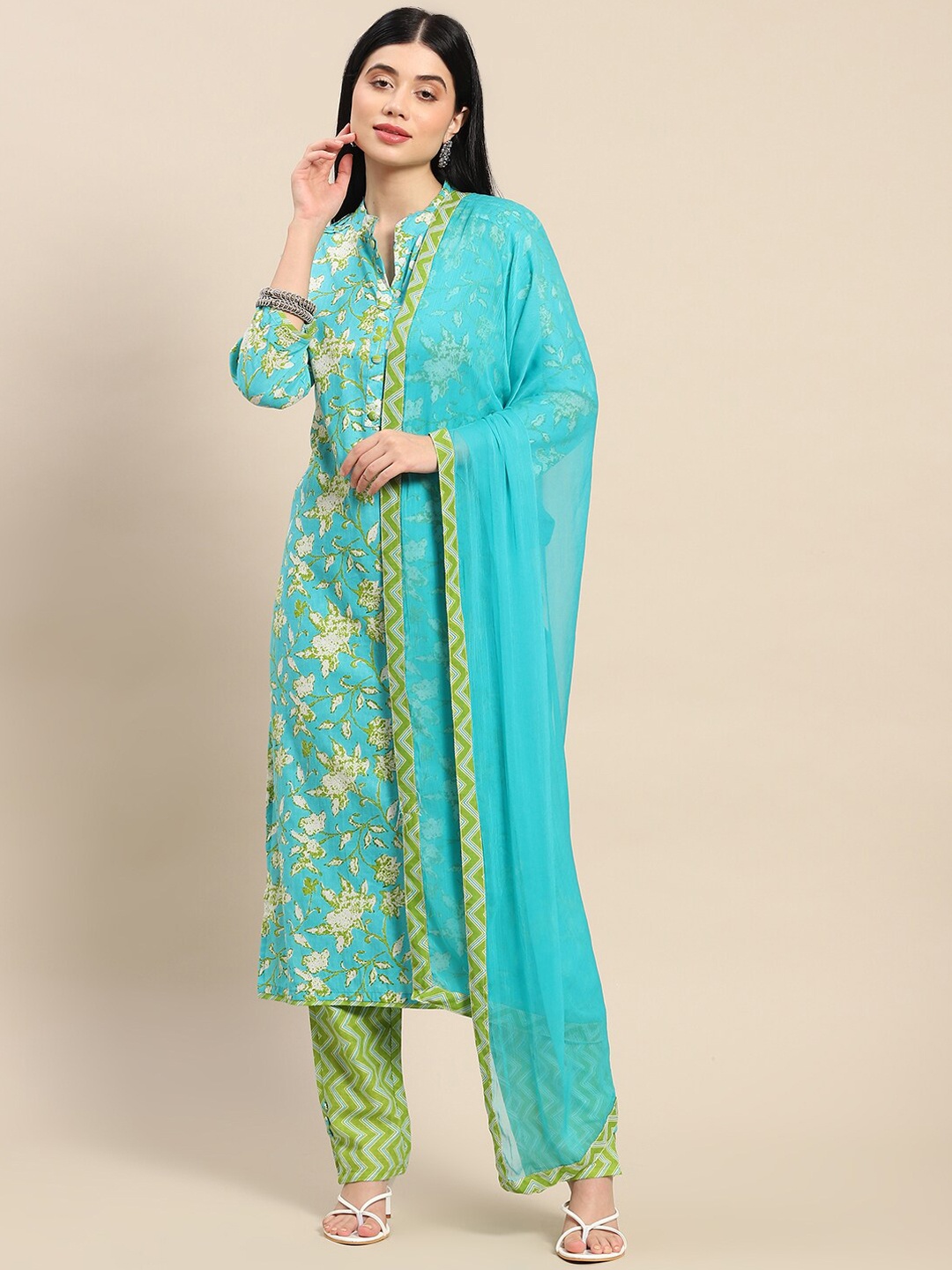 

KALINI Printed Regular Beads and Stones Kurta with Trousers & Dupatta, Blue