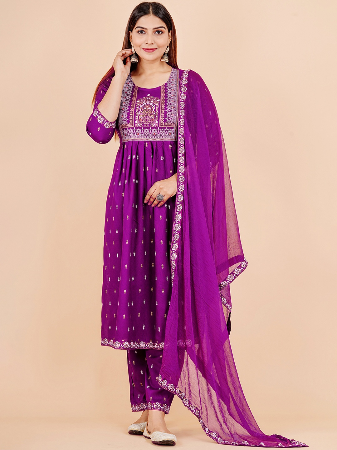 KALINI Ethnic Motifs Printed Yoke Design Mirror Work Kurta with Trousers & With Dupatta, Purple
