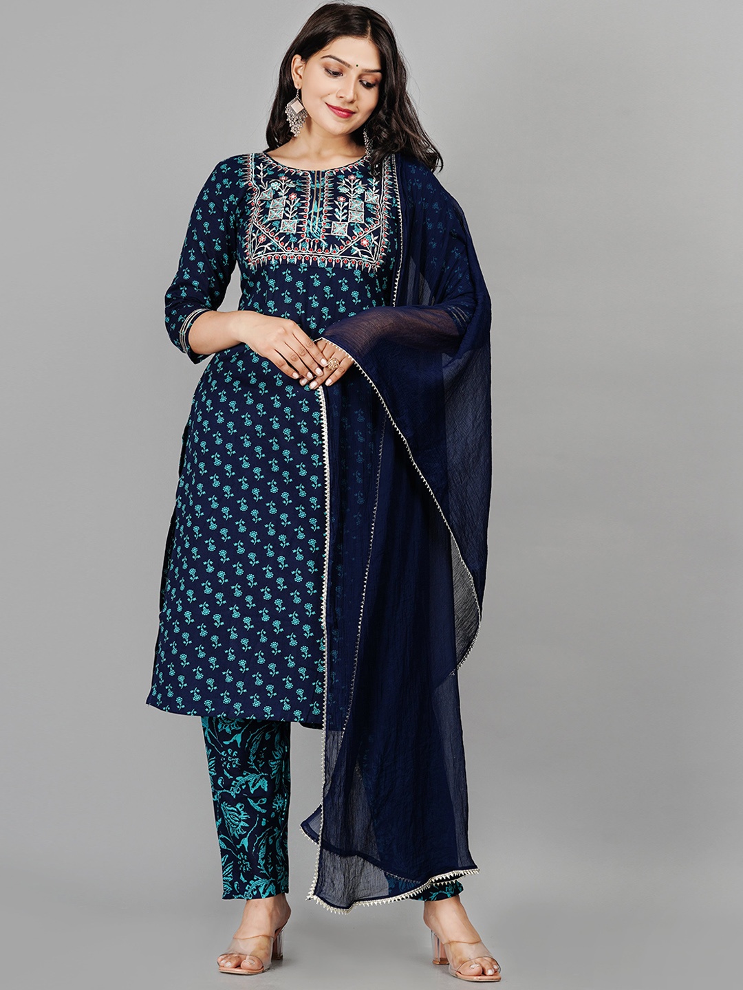 

KALINI Floral Printed Regular Thread Work Kurta With Trousers & Dupatta, Navy blue