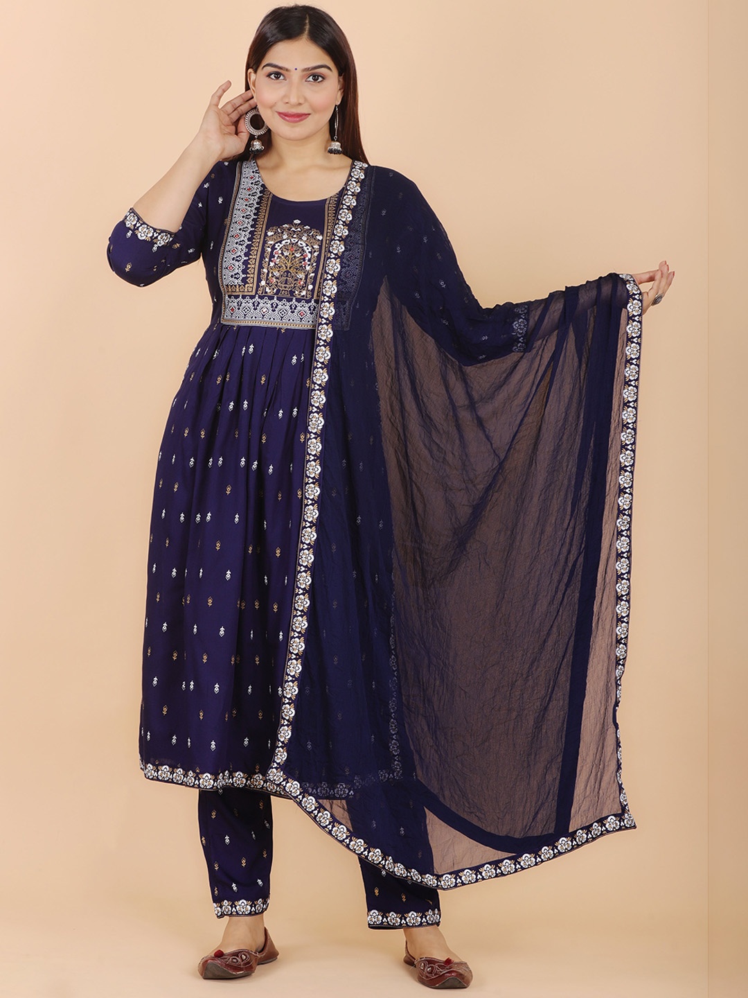 

KALINI Ethnic Motifs Printed Yoke Design Mirror Work Kurta with Trousers & With Dupatta, Navy blue