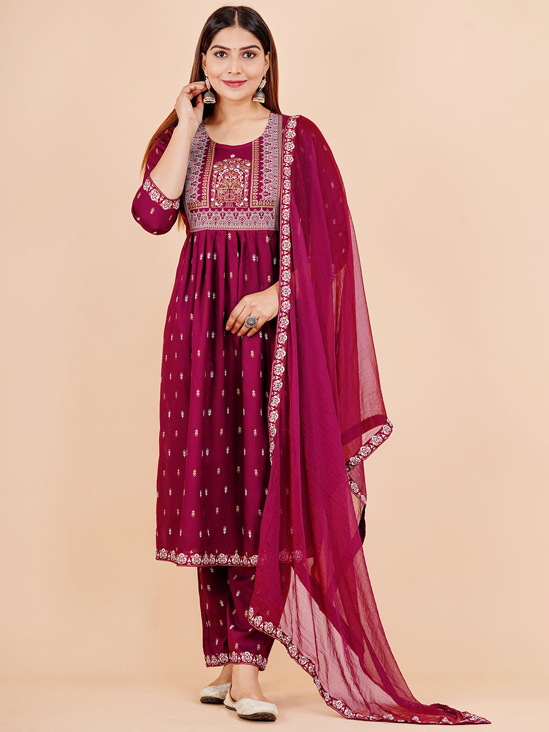 

KALINI Ethnic Motif Printed High Slit Kurta With Trousers & Dupatta, Burgundy