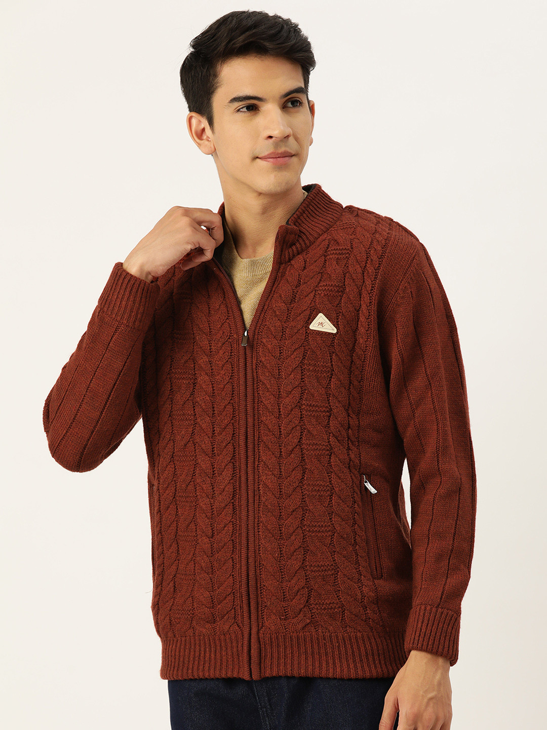 

Monte Carlo Cable Knit Front-Open Sweater, Rust