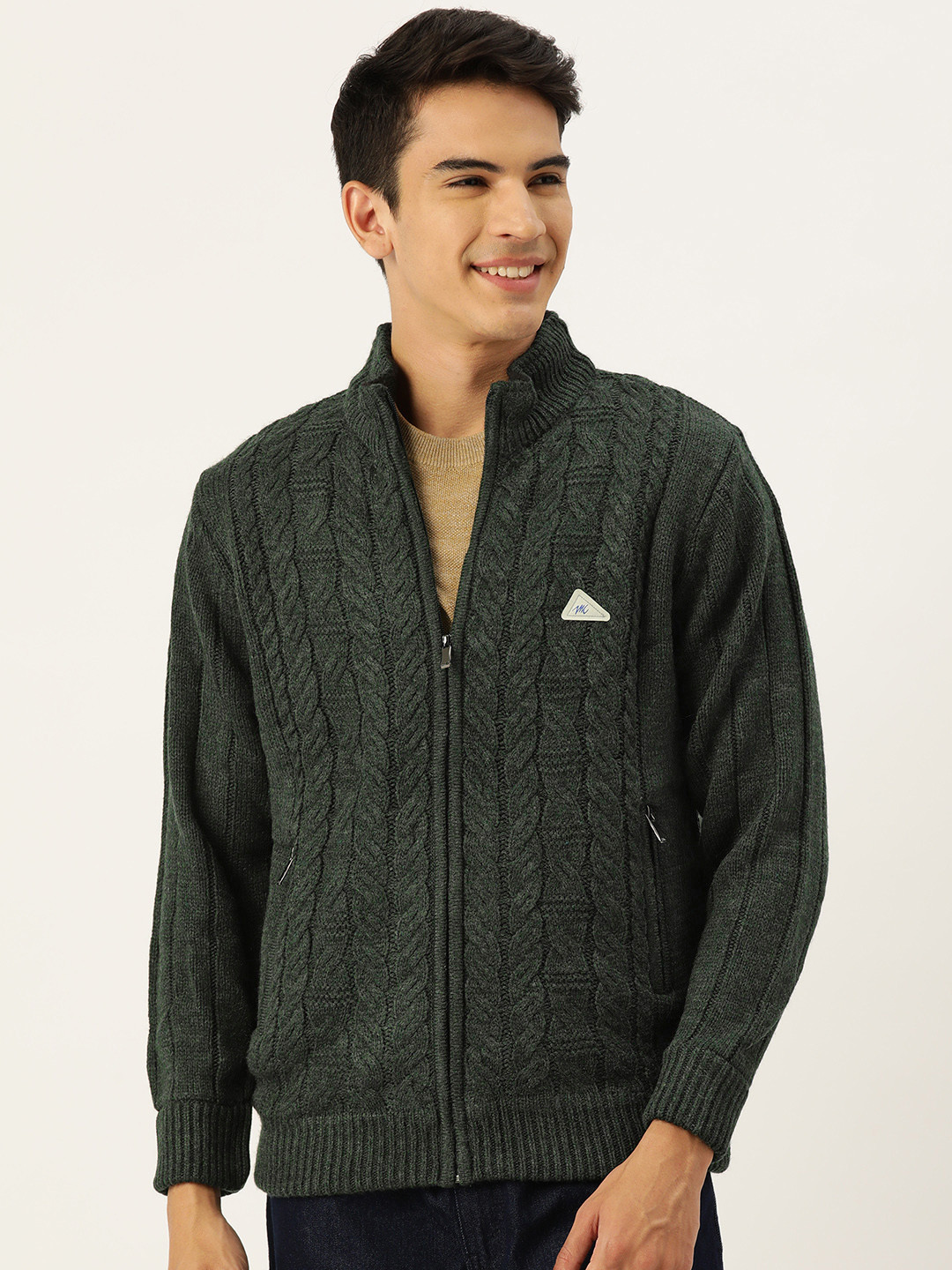 

Monte Carlo Cable Knit Front-Open Sweater, Green