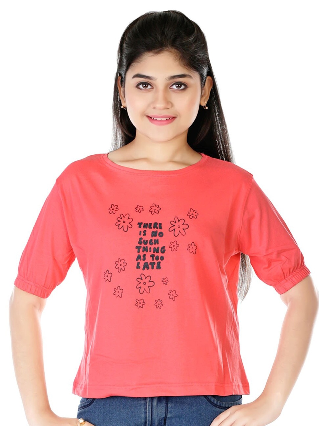 

BAESD Girls Peach-Coloured Typography Printed Cotton Top