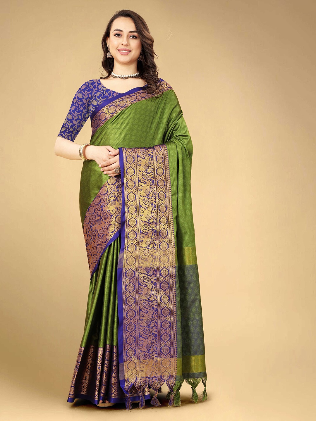 

Mitera Green & Purple Woven Design Zari Silk Cotton Banarasi Saree