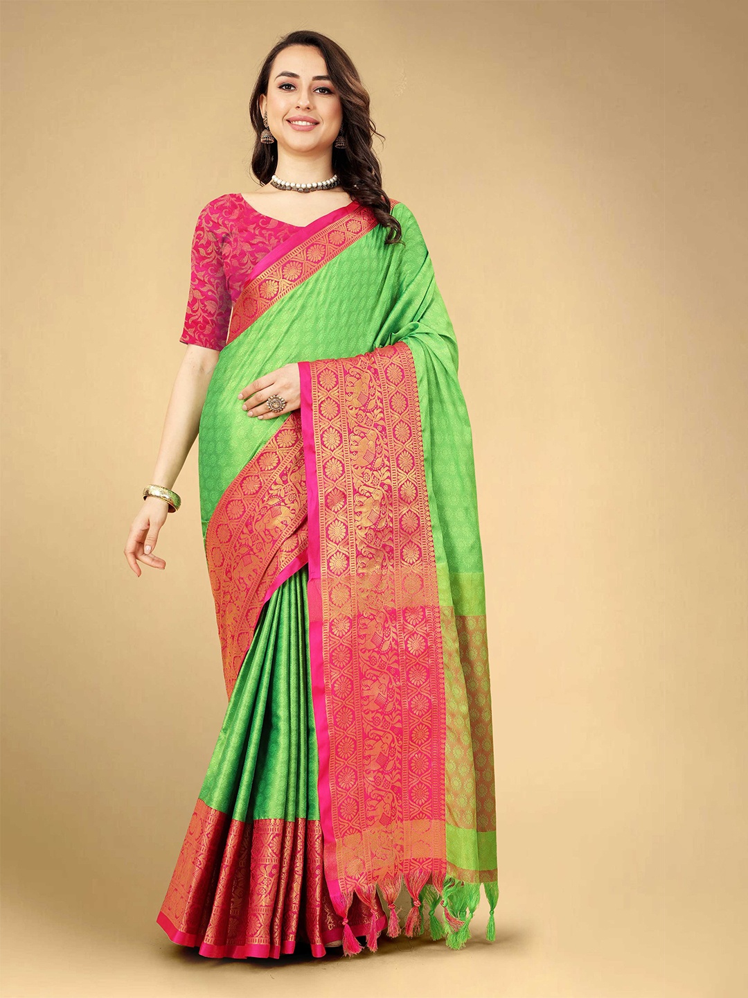 

Mitera Green & Red Woven Design Zari Silk Cotton Banarasi Saree