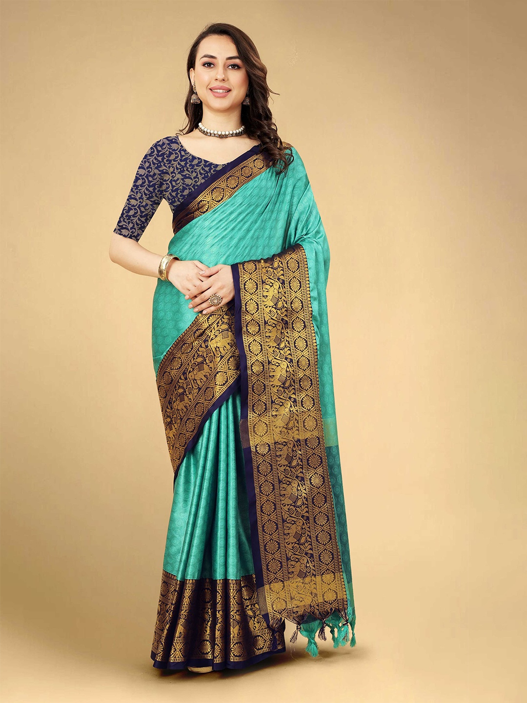 

Mitera Blue & Gold-Toned Ethnic Motifs Woven Design Zari Silk Cotton Banarasi Saree