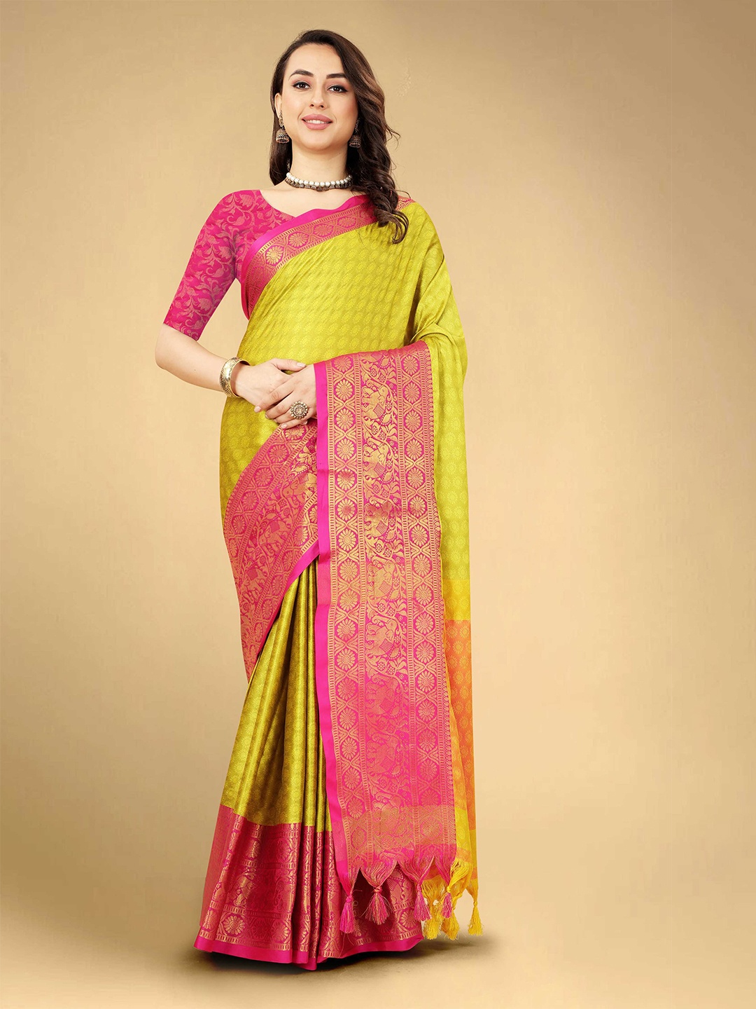 

Mitera Ethnic Motifs Woven Design Zari Silk Cotton Banarasi Saree, Olive