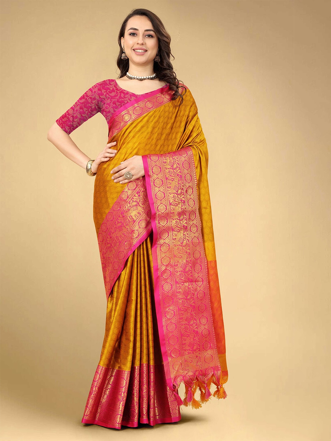 

Mitera Mustard & Magenta Ethnic Motifs Woven Design Zari Silk Cotton Banarasi Saree