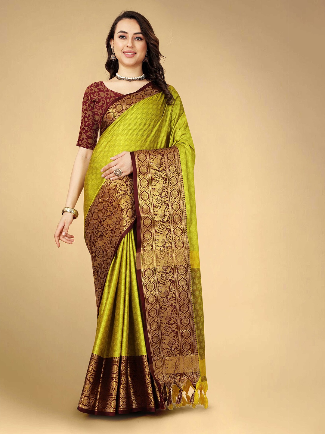 

Mitera Olive Green & Maroon Ethnic Motifs Woven Design Zari Silk Cotton Banarasi Saree