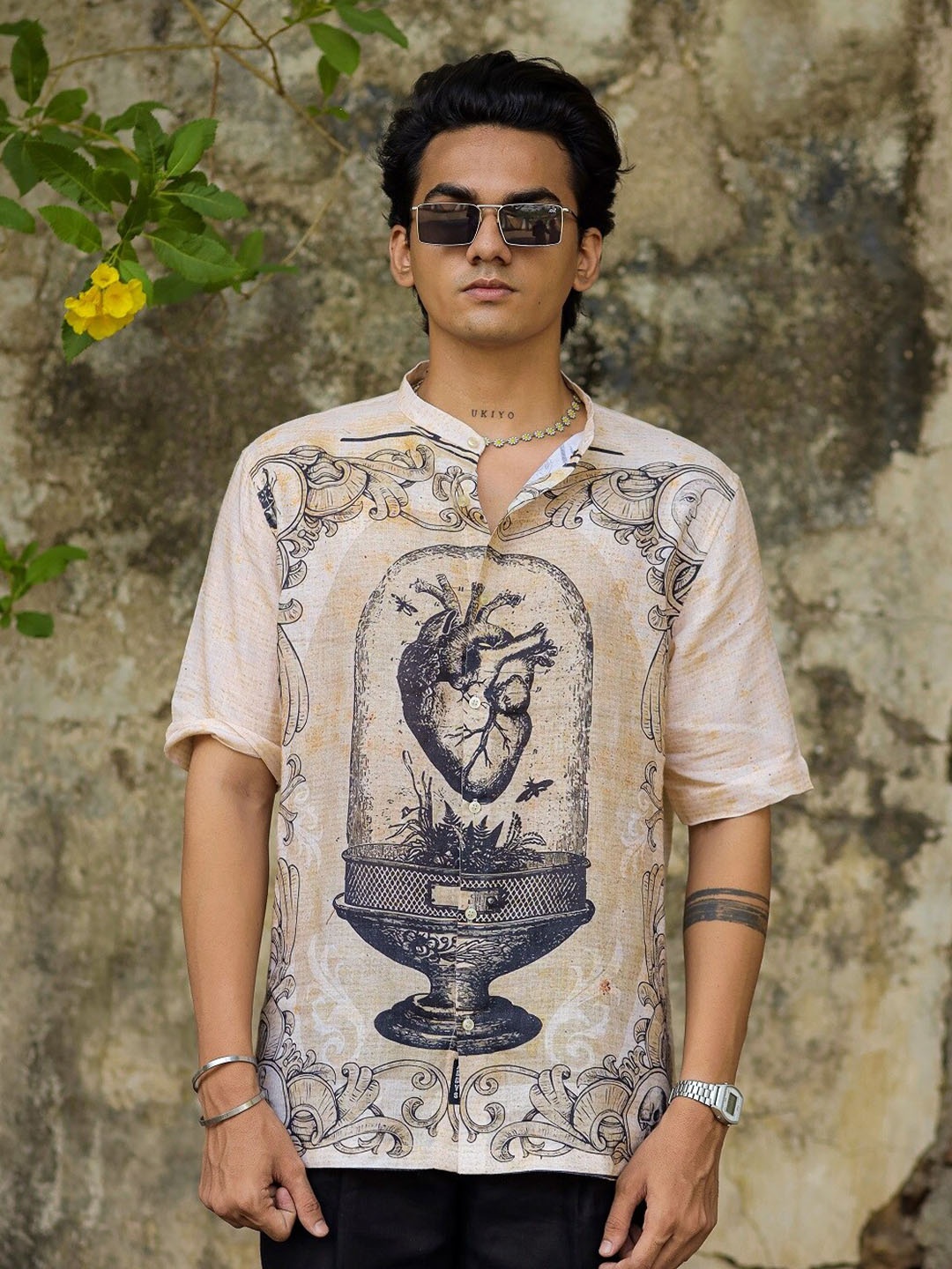 

ADDY'S for men Printed Short Sleeve Comfort Casual Linen Shirt, Nude