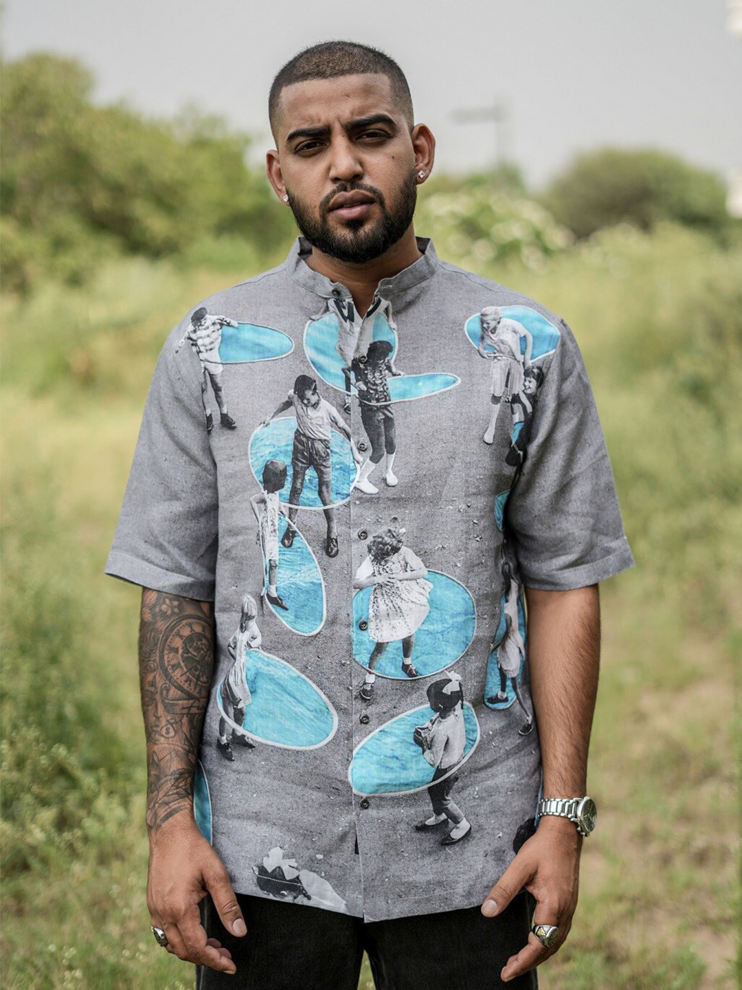 

ADDY'S for men Printed Short Sleeve Comfort Casual Linen Shirt, Grey