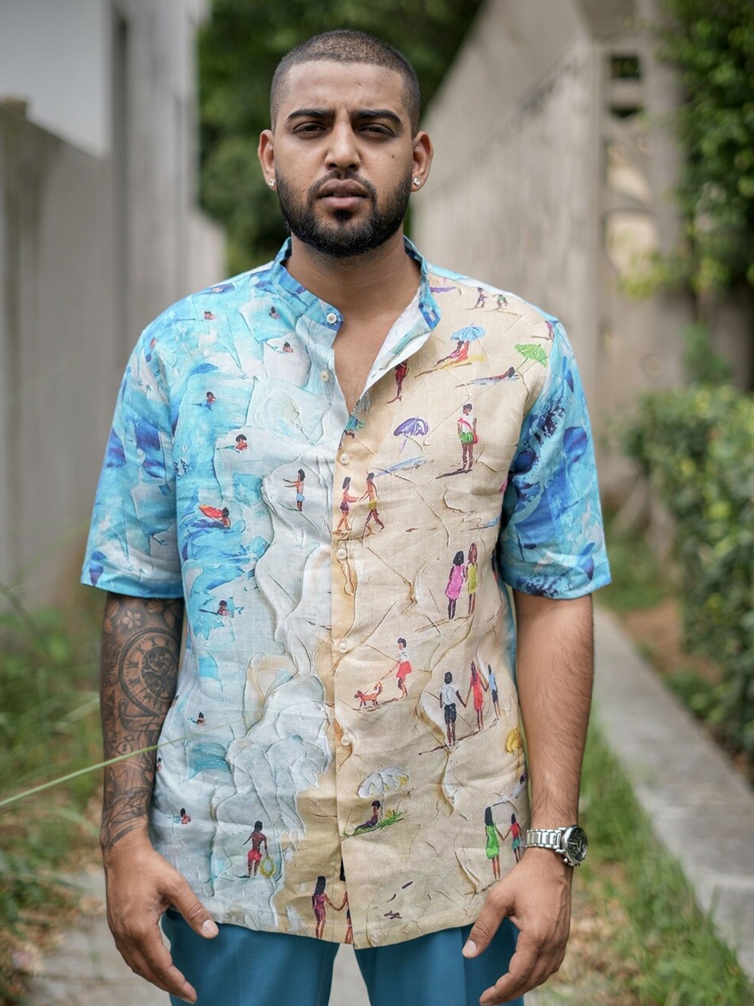 

ADDY'S for men Printed Short Sleeve Comfort Casual Linen Shirt, Blue