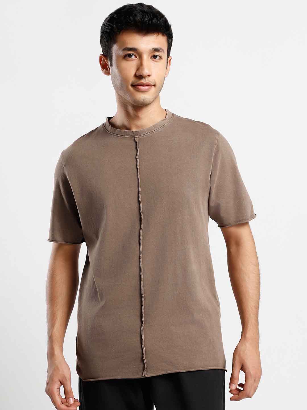 

NOBERO High Neck Raw Edge Regular Fit Casual T-shirt, Brown