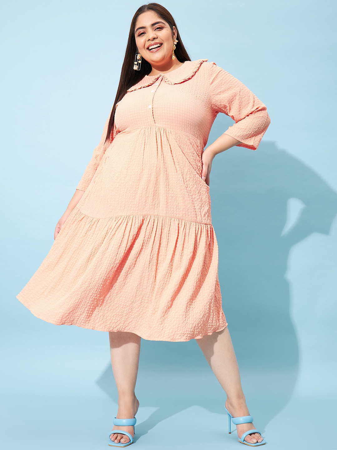 

Athena Ample Plus Size Textured Peter Pan Collar Fit & Flare Dress, Peach