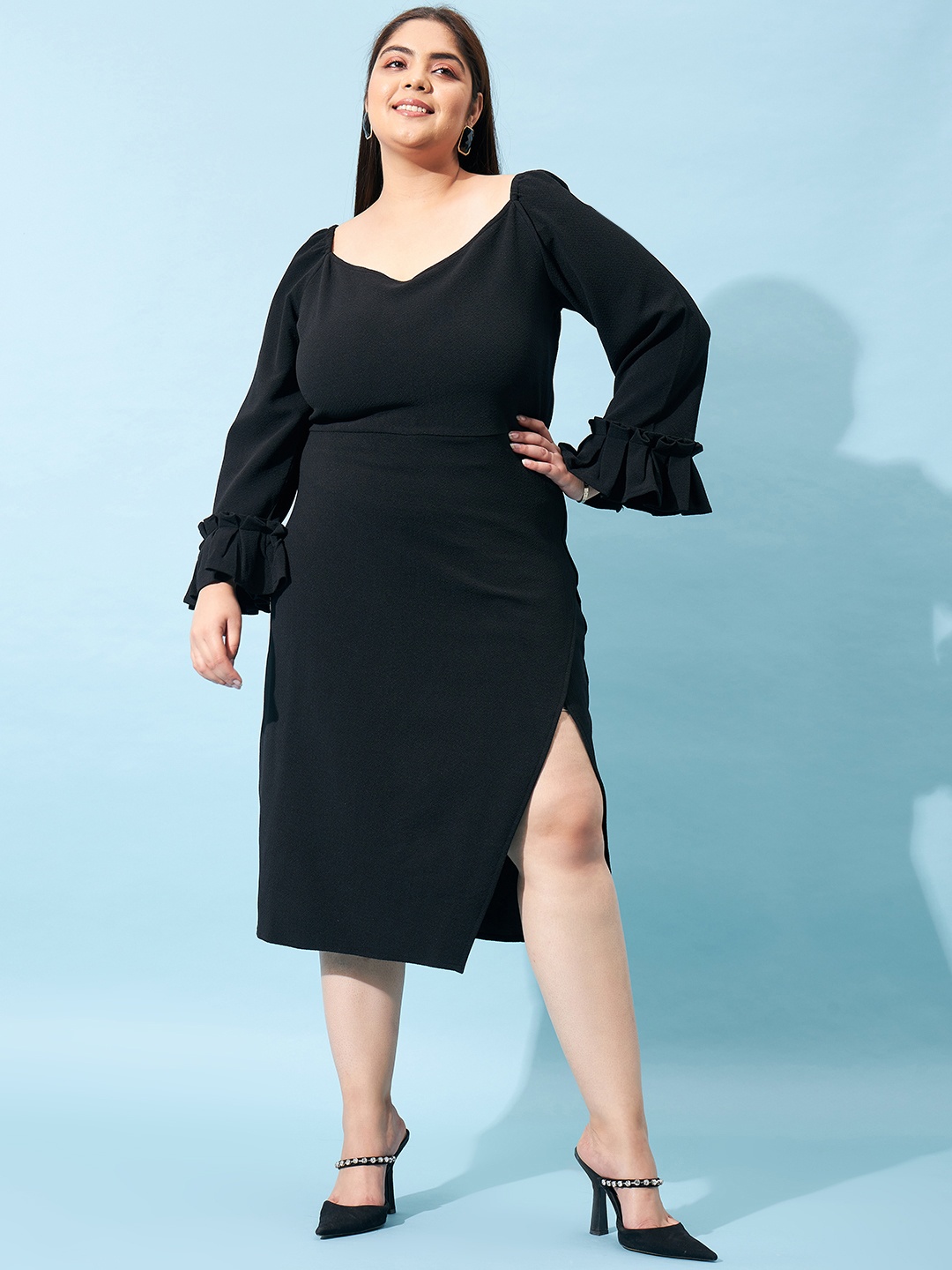 

Athena Ample Plus Size Bell Sleeve Sheath Midi Dress, Black