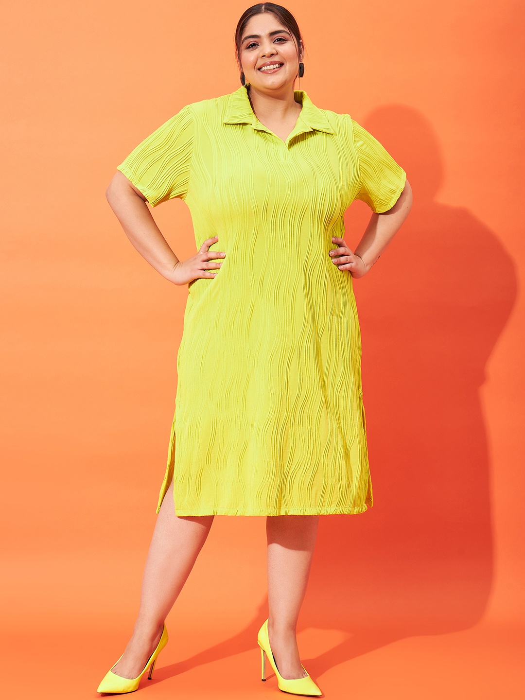 

Athena Ample Plus Size Self Design A-Line Midi Dress, Fluorescent green