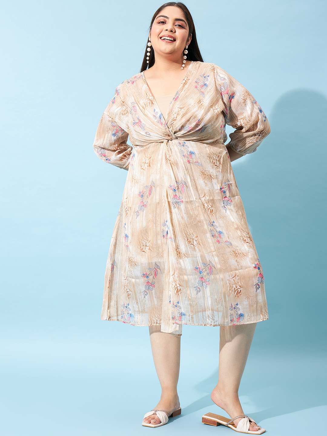 Athena Ample Plus Size Floral Printed Fit & Flare Midi Dress, Beige