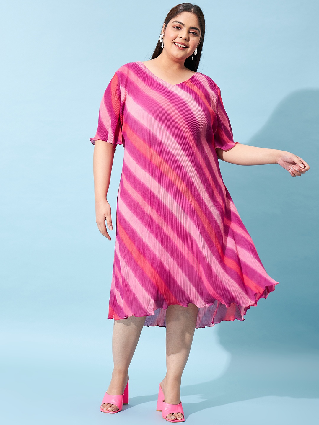 

Athena Ample Plus Size Striped Waist Tie-Up A-Line Midi Dress, Lavender