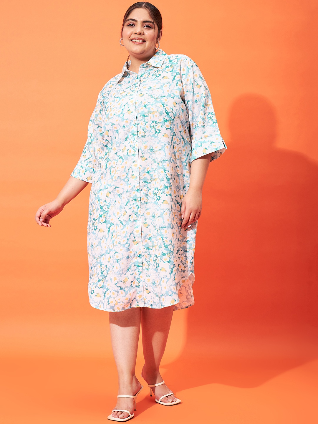 

Athena Ample Plus Size Floral Printed Linen Midi Shirt Dress, Multi