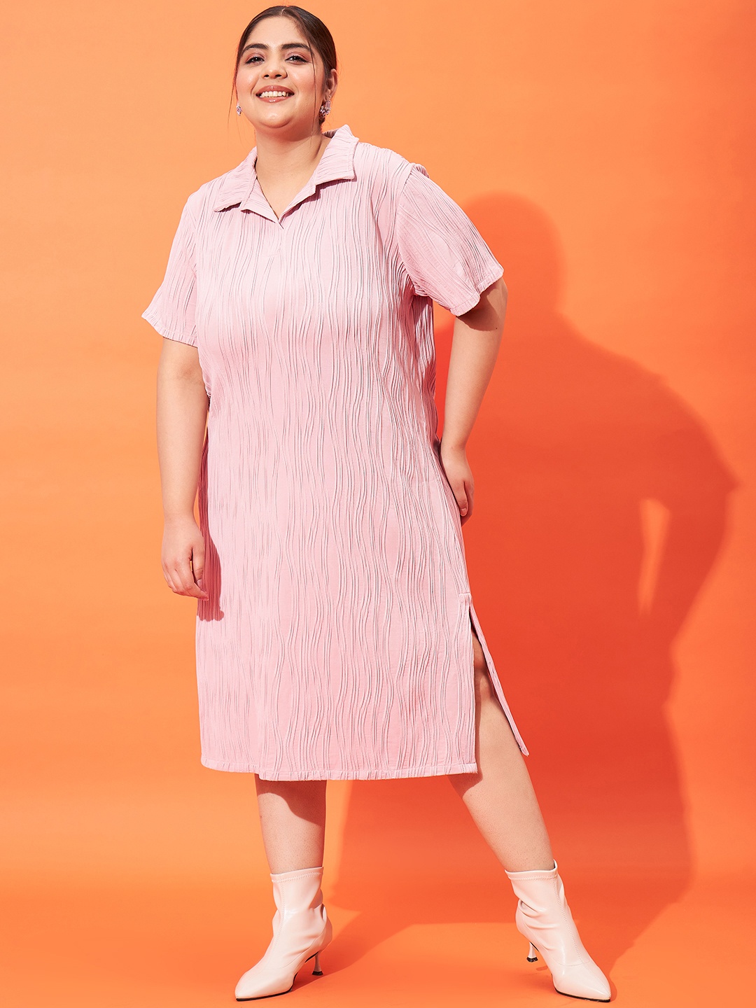 

Athena Ample Plus Size Self Design A-Line Midi Dress, Pink