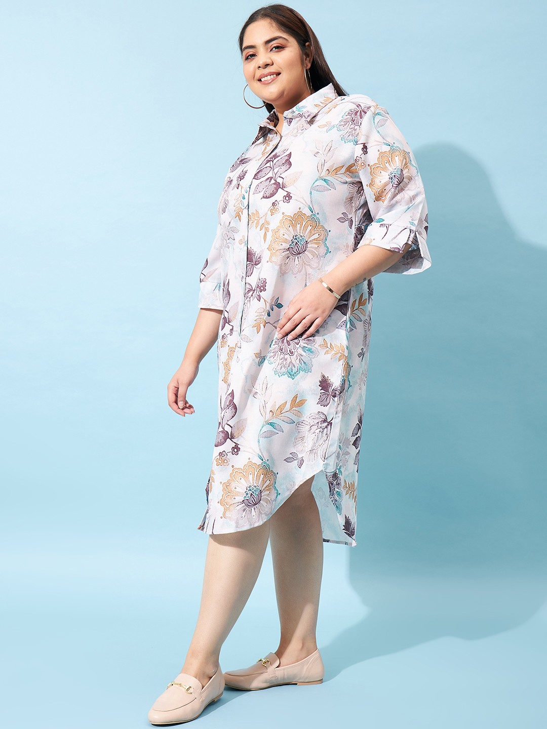 

Athena Ample Plus Size Floral Print Linen Shirt Dress, Brown