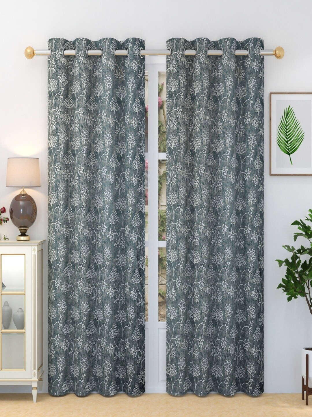 

Homefab India Sonet Grey & White 2 Pieces Floral Printed Long Door Curtains