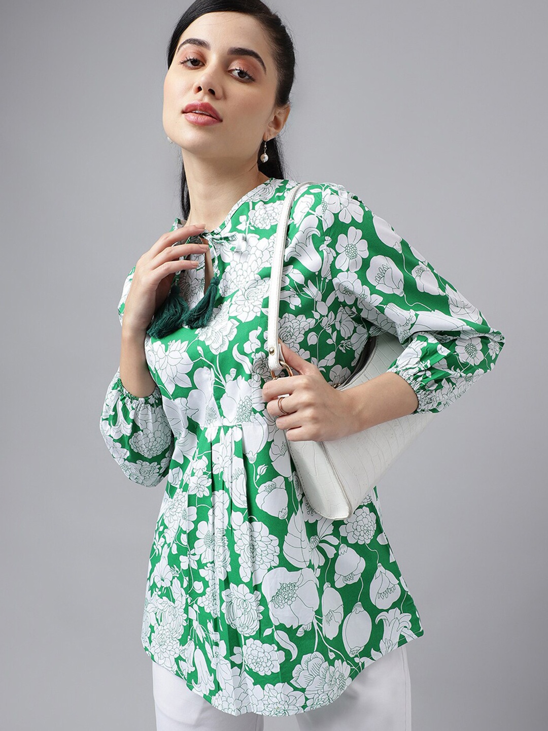 

Hancock Floral Print Tie-Up Neck Puff Sleeve Cotton Top, Green