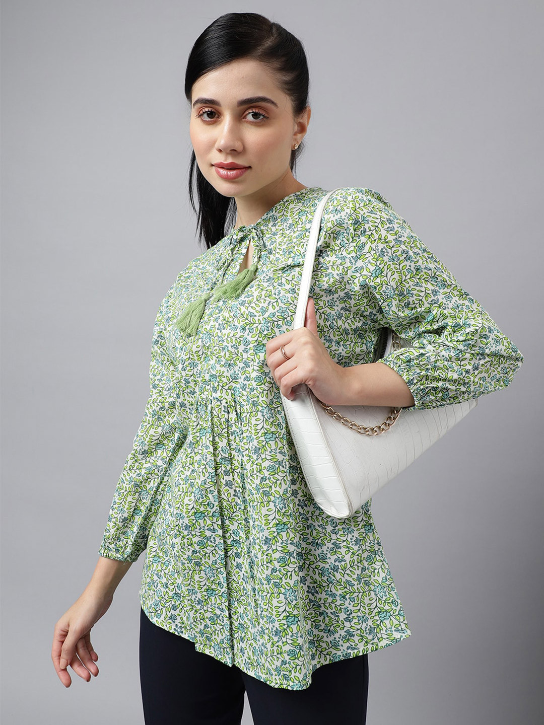 

Hancock Floral Print Tie-Up Neck Cotton Top, White