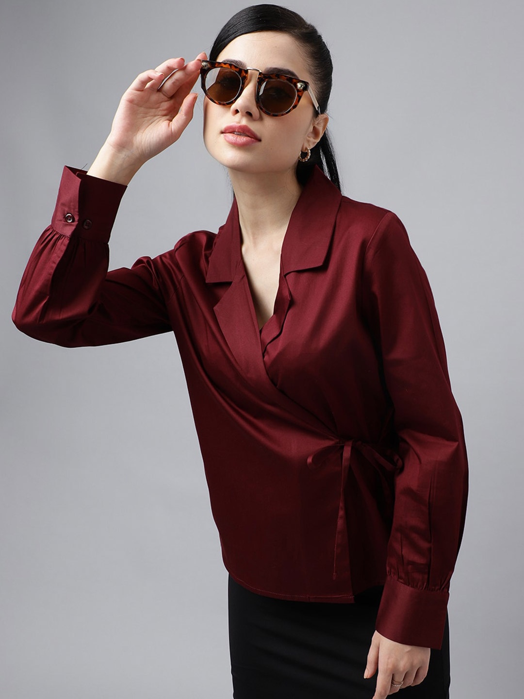 

Hancock Cuban Collar Tie Ups Wrap Top, Burgundy