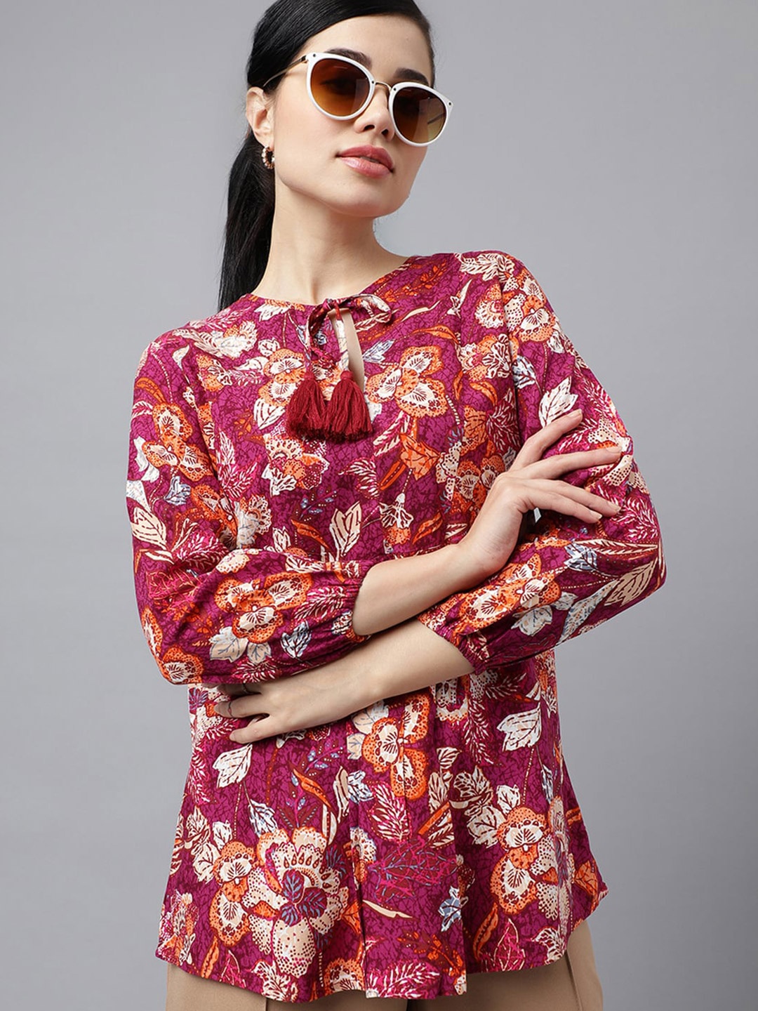 

Hancock Floral Printed Tie-Up Neck Top, Burgundy