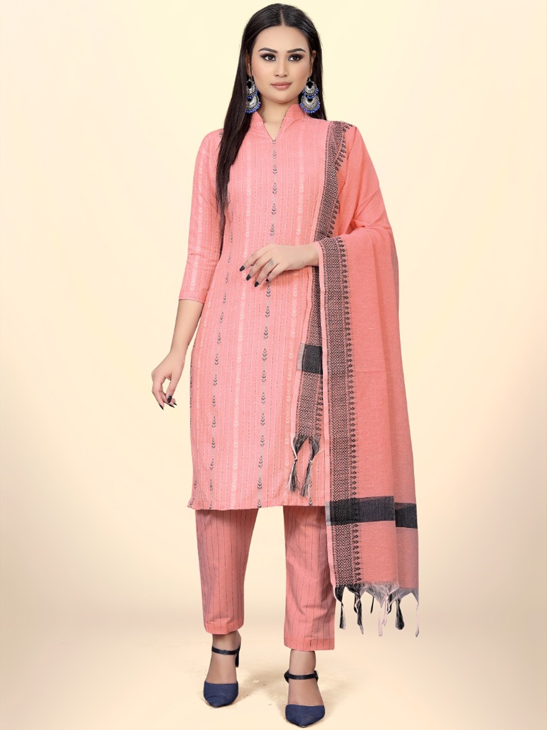 

KALINI Striped Unstitched Dress Material, Orange