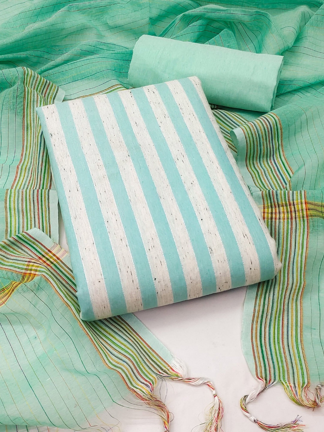 

KALINI Striped Unstitched Dress Material, Blue