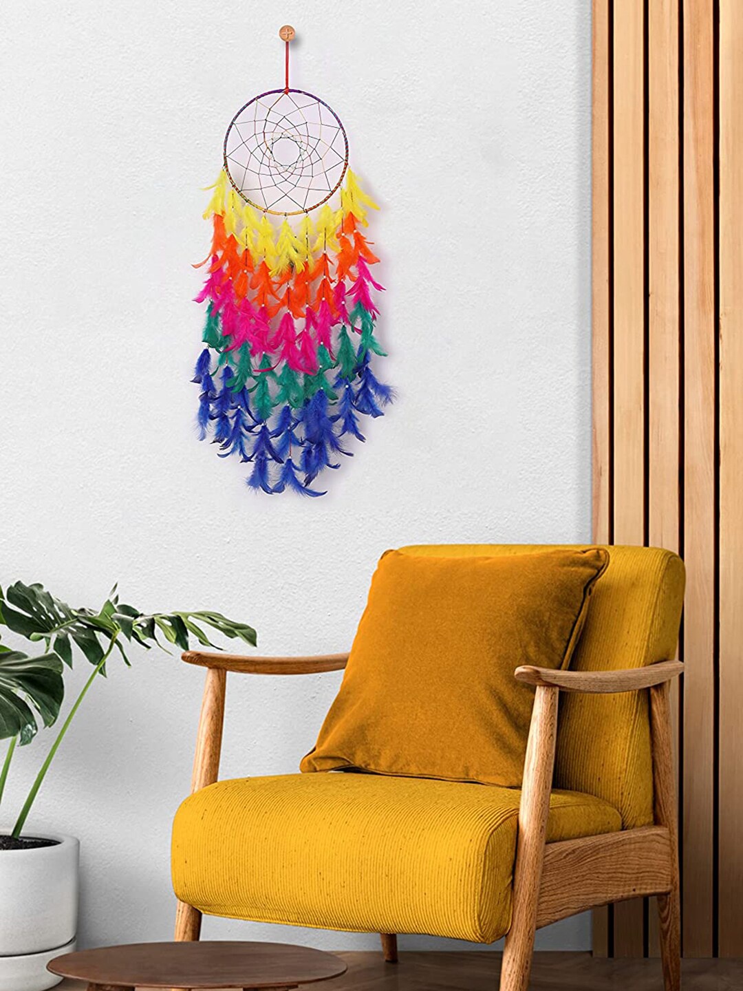 

DULI Yellow & Red Handmade Dreamcatcher Hanging With Lights & Feathers