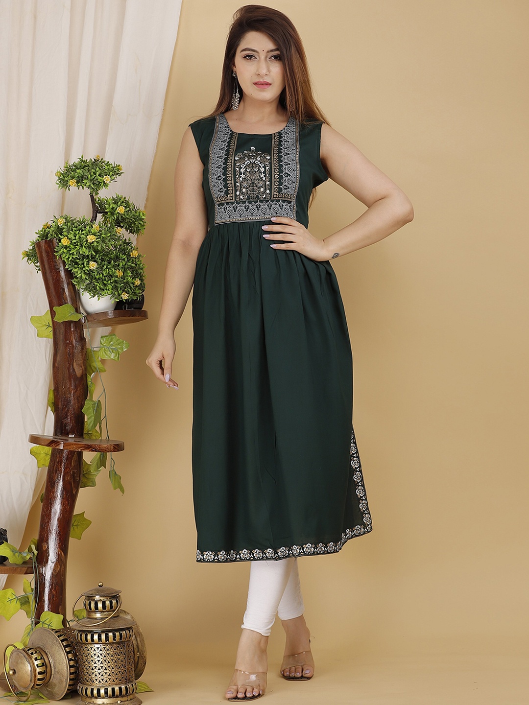 

KALINI Floral Printed Yoke Design A-Line Kurta, Green