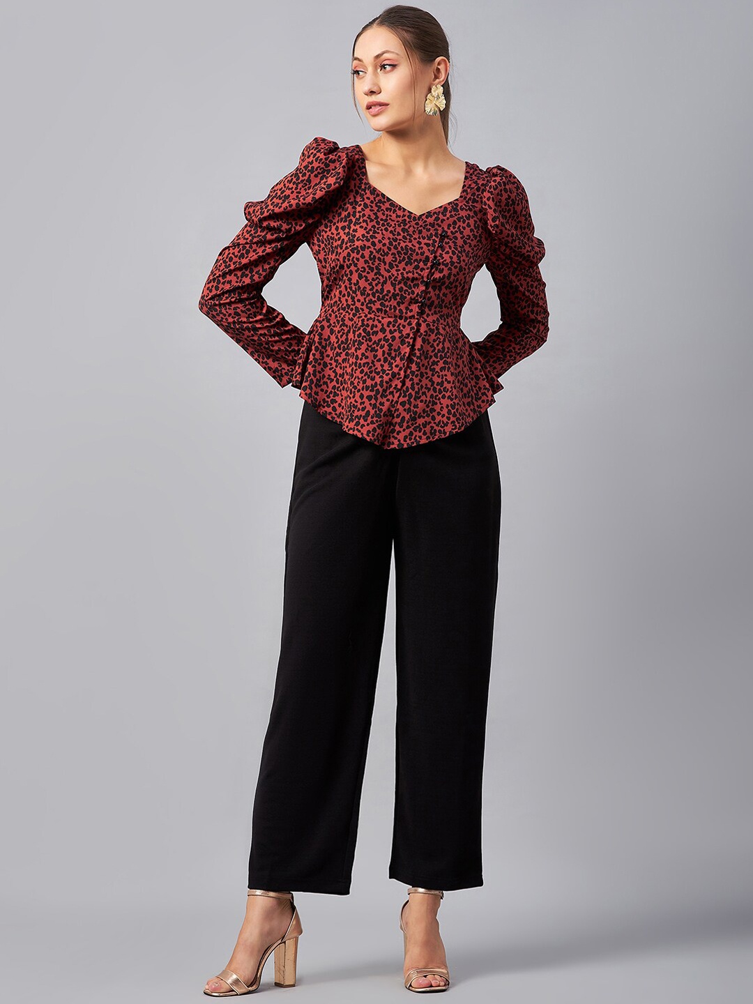 

Antheaa Rust Red & Black Animal Printed Sweetheart Neck Top and Trousers