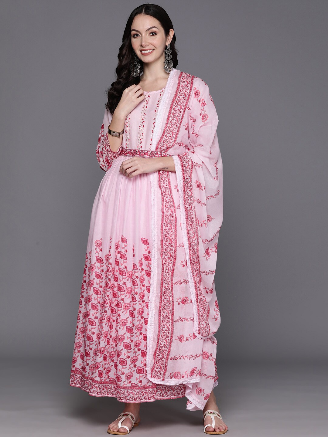 

Indo Era Floral Embroidered Pure Cotton Kurta with Trousers & With Dupatta, Pink