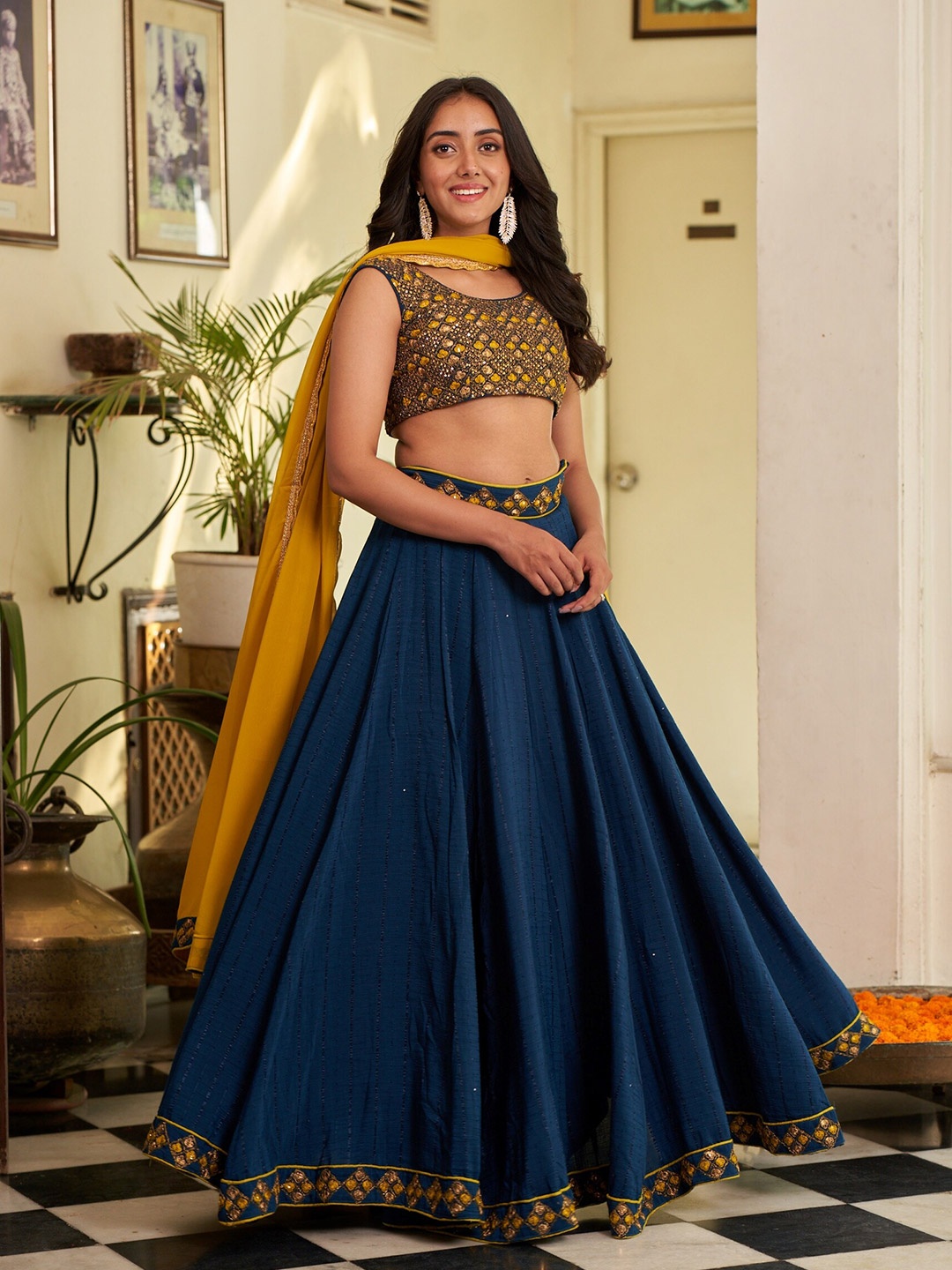 

Vidraa Western Store Embroidered Sequinned Ready to Wear Lehenga & Blouse With Dupatta, Turquoise blue