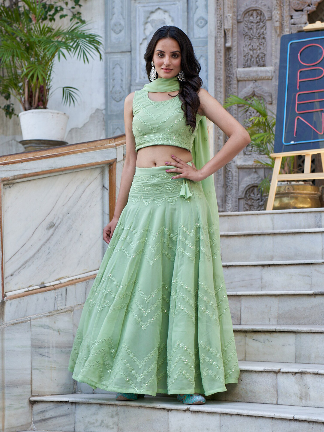 

Vidraa Western Store Embroidered Sequinned Ready to Wear Lehenga & Blouse With Dupatta, Sea green