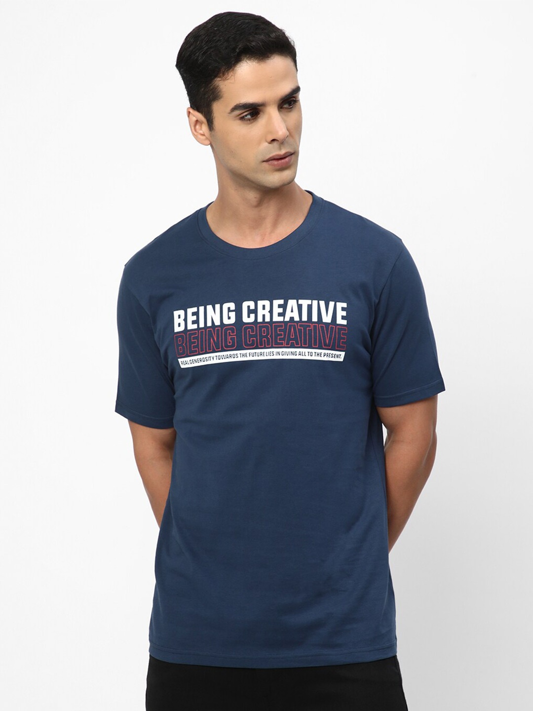 

R&B Typography Printed Round Neck Cotton T-shirt, Blue