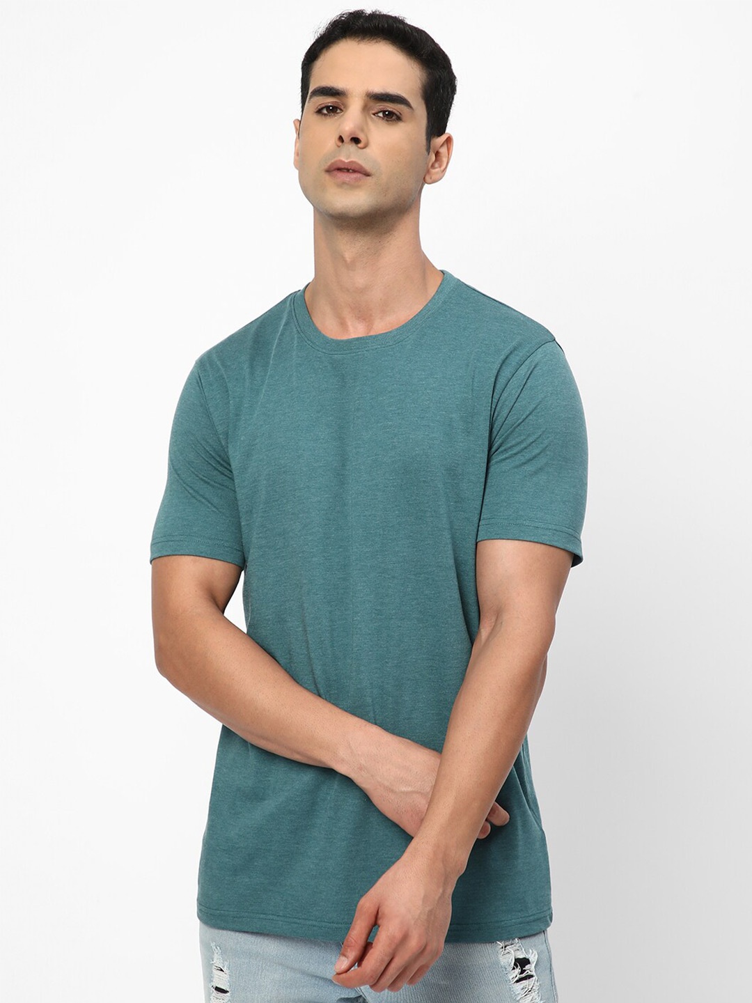 

R&B Round Neck Short Sleeve Cotton T-shirt, Green