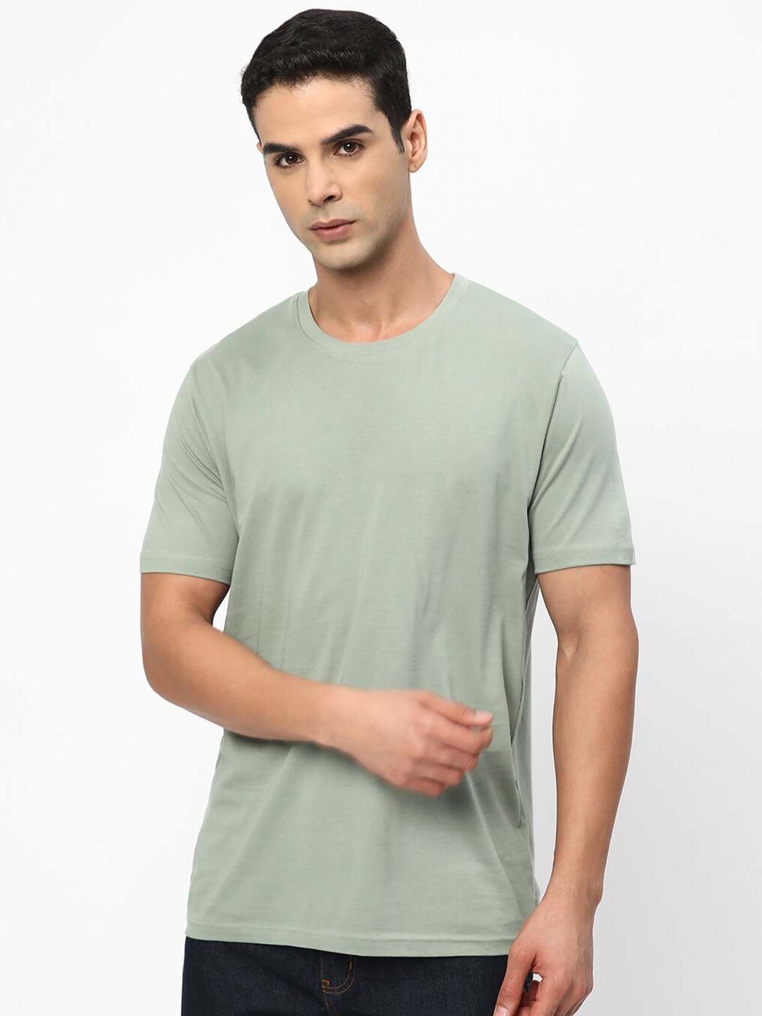 

R&B Round Neck Short Sleeve Cotton T-shirt, Green