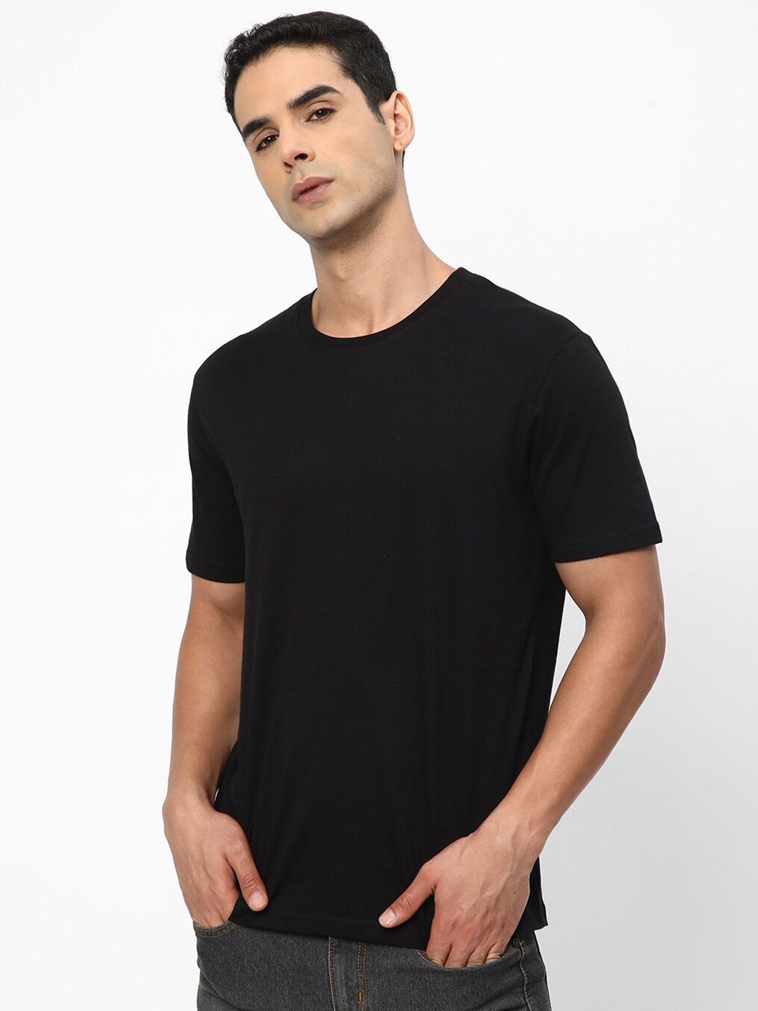 

R&B Round Neck Regular Fit Cotton T-shirt, Black