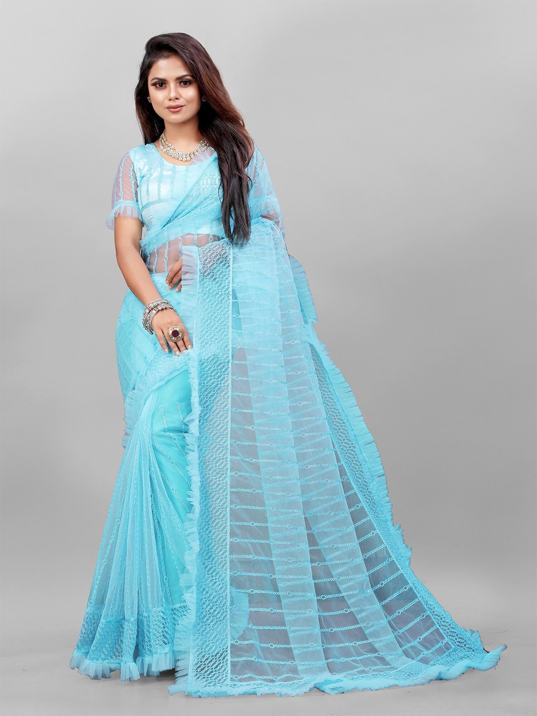 

APNISHA Woven Design Net Saree, Turquoise blue