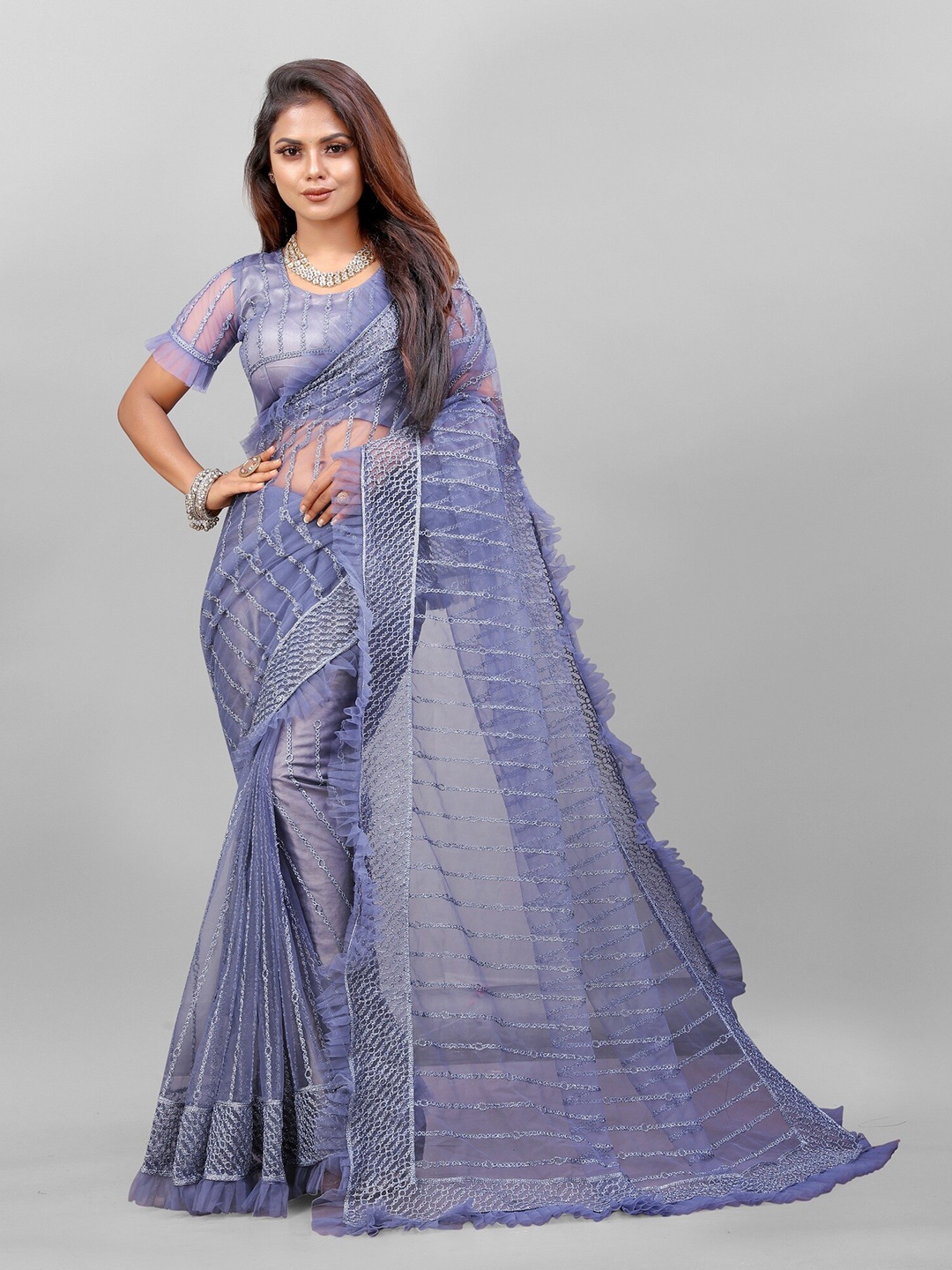 

APNISHA Woven Design Net Saree, Grey